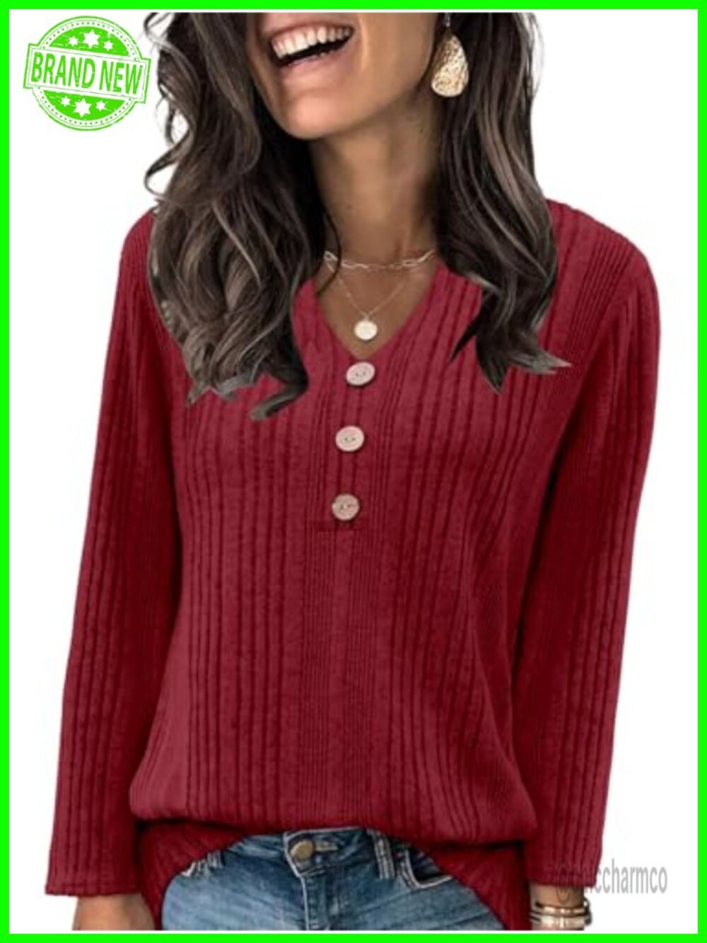 Long Sleeve Henley Tunic Top V-Neck Knit Pullover Fall Layering Blouse